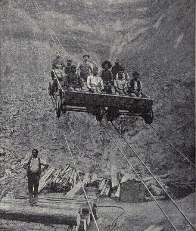 Mineurs dans le téléphérique, Afrique du Sud, années 1880