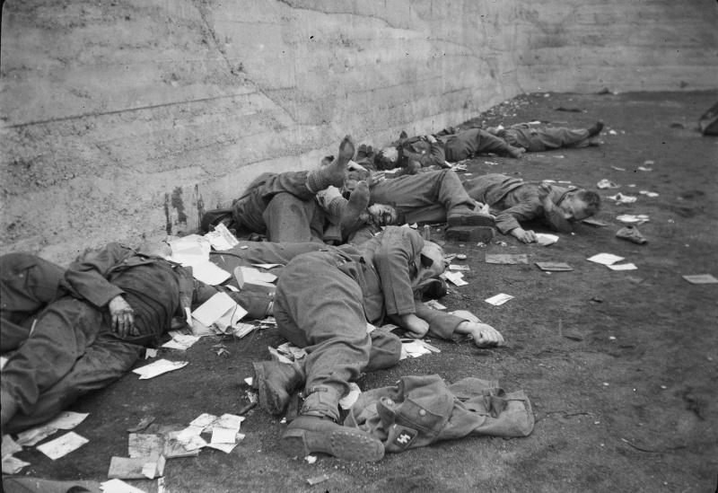 Corps de ss massacrés par les soldats américains après la libération du camp de concentration de Dachau